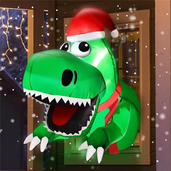 3.5 Ft Christmas Inflatable Decor Santa Dinosaur Broke Out from Window with LED - Picture 7 of 7